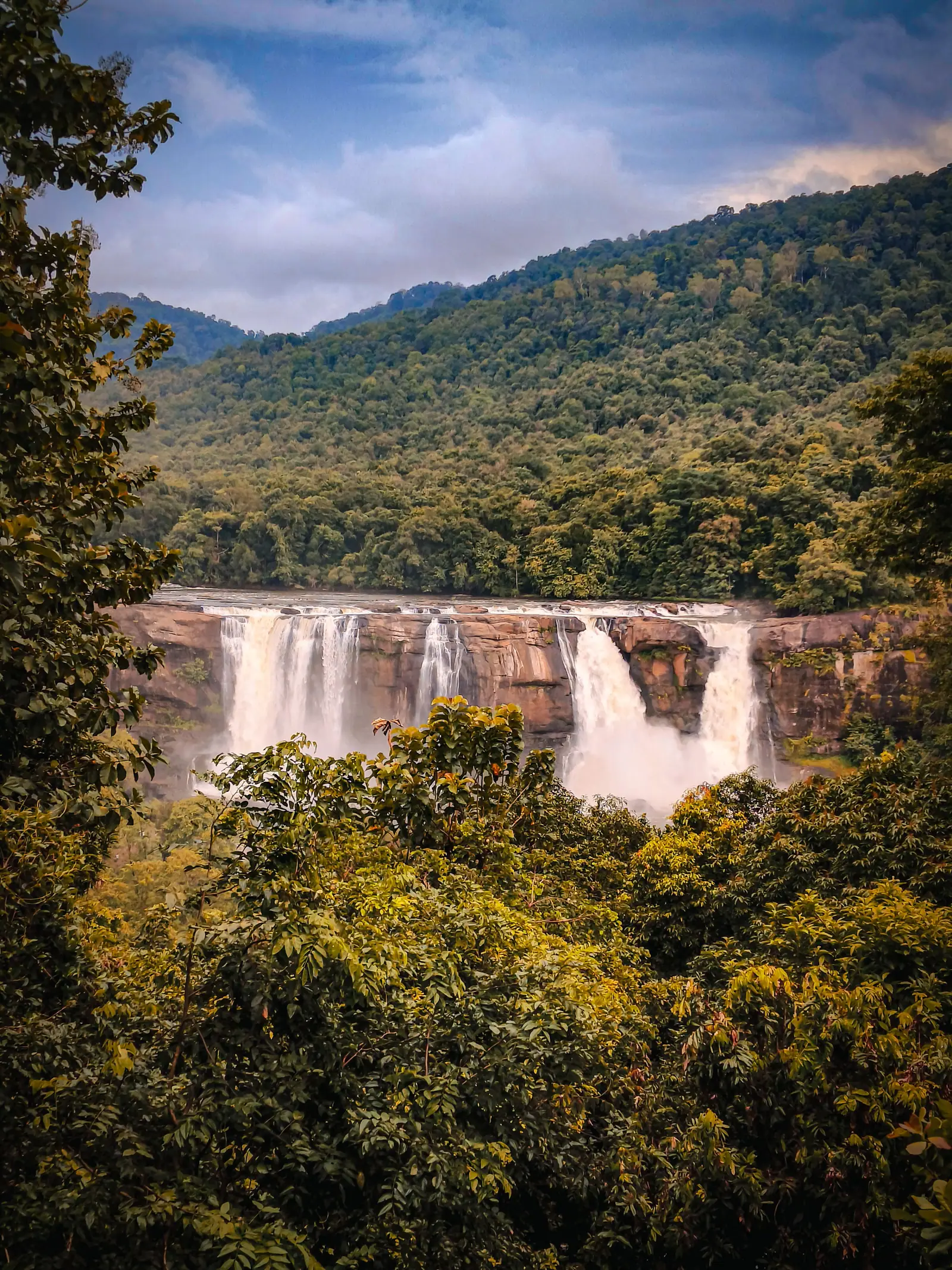 Athirappilly Falls seen through the rainforest canopy, its wide curtain of water framed by green hills