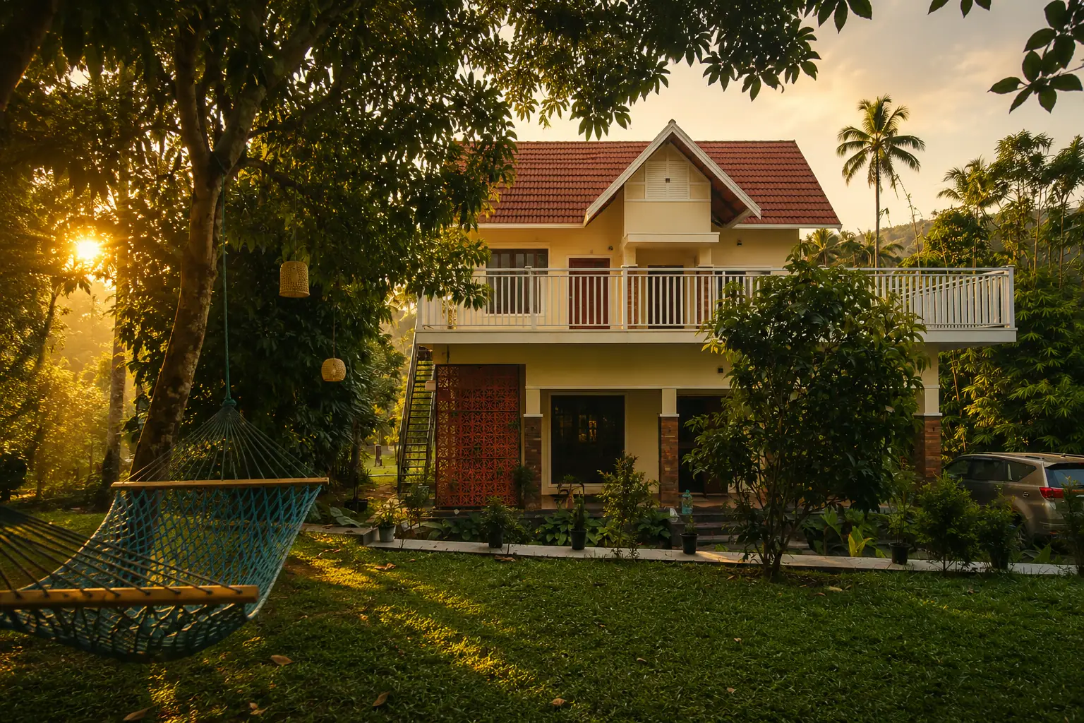 Cream two-storey villa of Nyra Thottam with its red clay-tiled roof and white balcony railing, seen across the lawn at golden hour with a hammock in the foreground